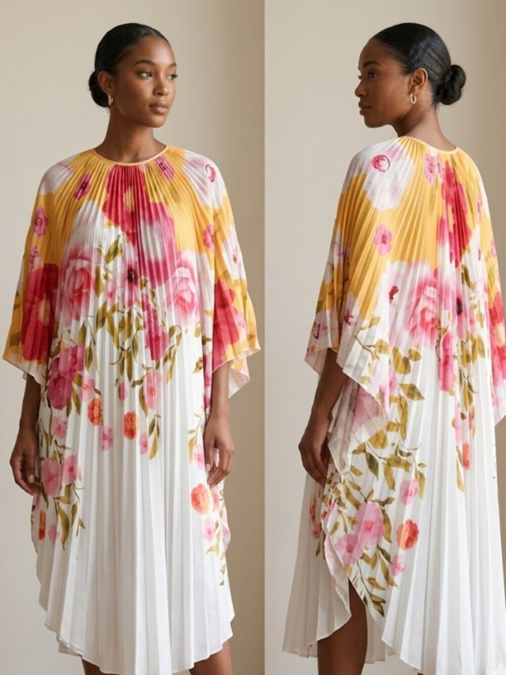 Pleated Plissé Floral Kaftan Pink Yellow White Midi Dress SZ L/XL